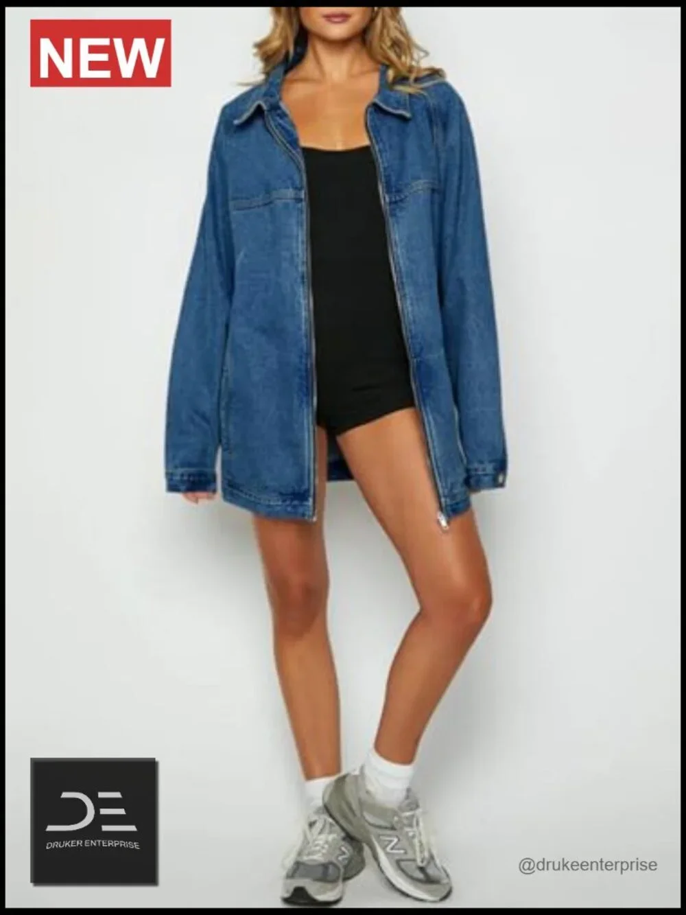 Oversized Denim Jacket with Zip Up Long Sleeve Slant Pockets